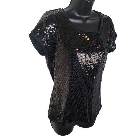 August Silk Knits black sequin top blouse size Medium - Picture 3 of 7
